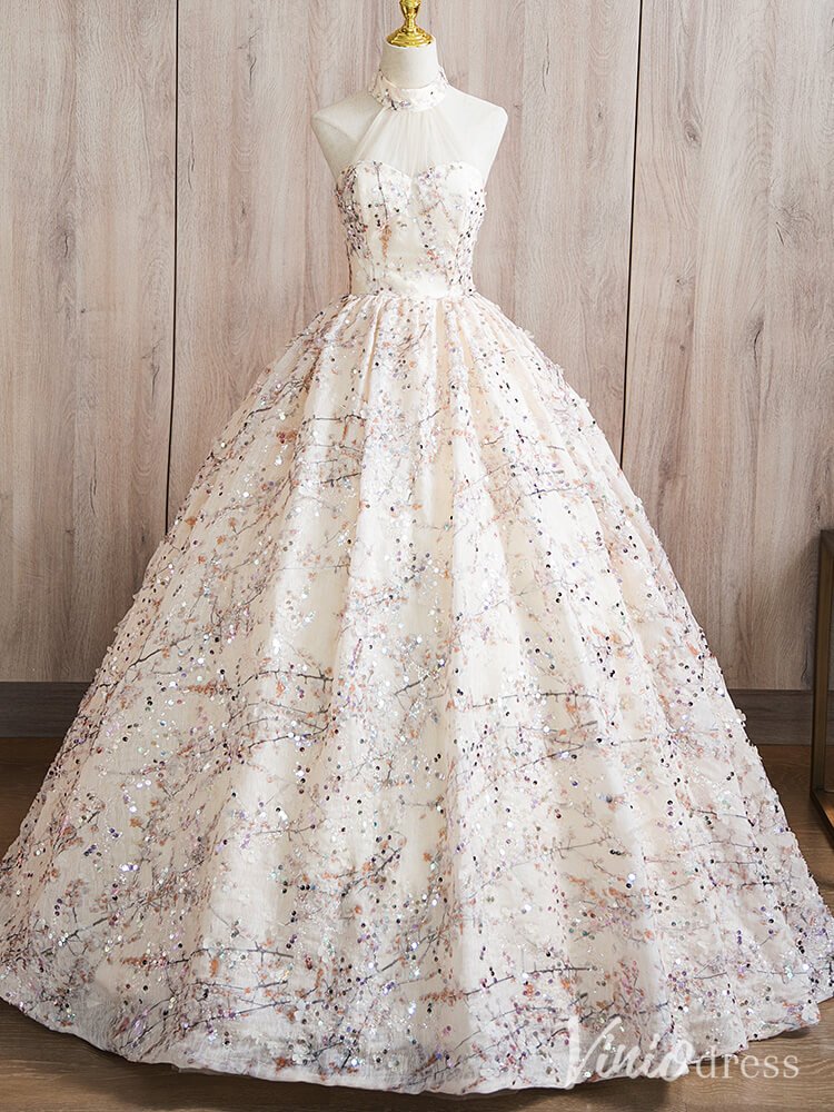 Champagne Sparkly Beaded Lace Quinceanera Dresses Halter Neck Ball Gown AD1369-prom dresses 2025 -Viniodress-Champagne-Custom Size-