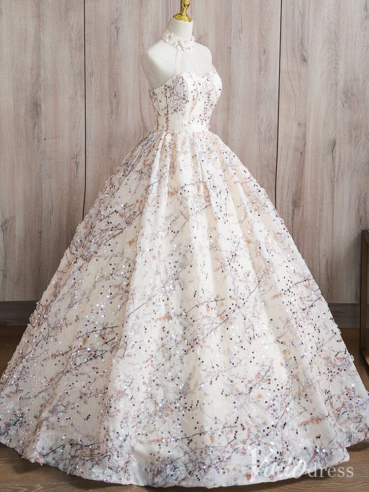 Champagne Sparkly Beaded Lace Quinceanera Dresses Halter Neck Ball Gown AD1369-prom dresses 2025 -Viniodress-Champagne-Custom Size-