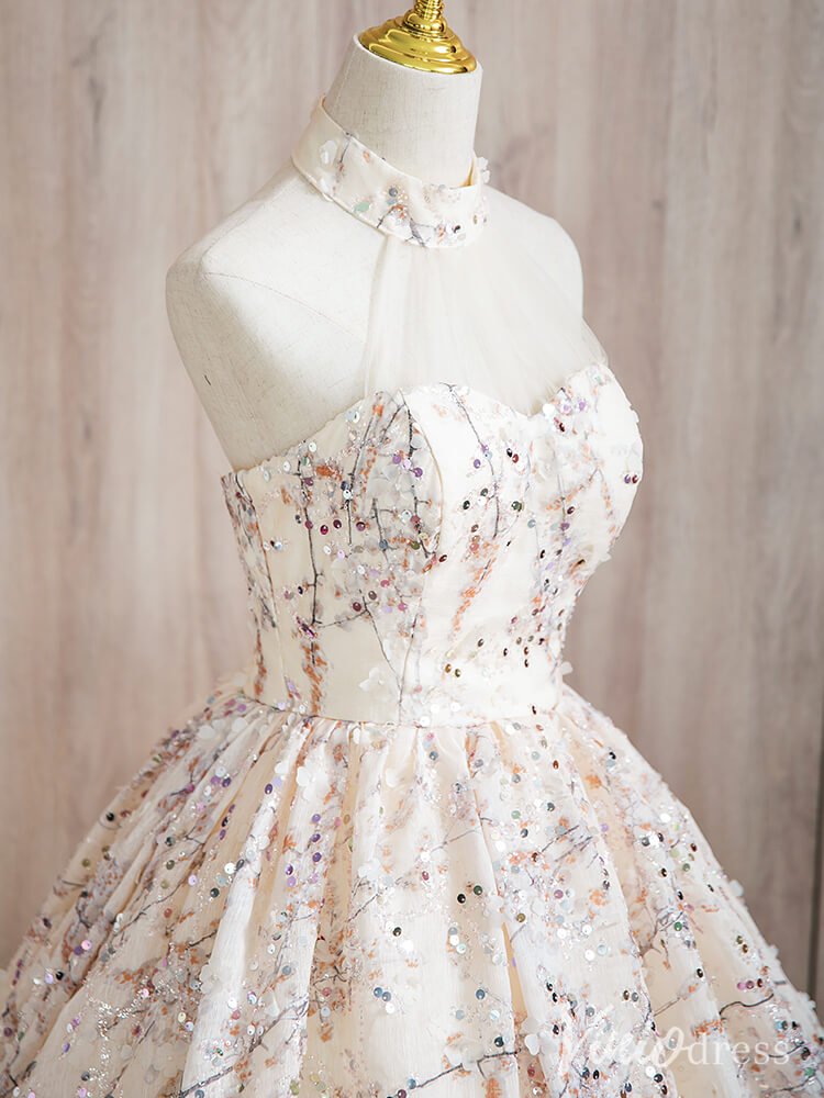 Champagne Sparkly Beaded Lace Quinceanera Dresses Halter Neck Ball Gown AD1369-prom dresses 2025 -Viniodress-Champagne-Custom Size-