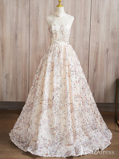 Champagne Sparkly Beaded Lace Quinceanera Dresses Halter Neck Ball Gown AD1369-prom dresses 2025 -Viniodress-Champagne-Custom Size-