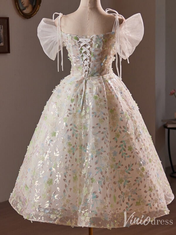 Champagne Sparkly Lace Homecoming Dress Puffed Sleeve Hoco 2024 Back to School Dress 8021-prom dresses 2025 -Viniodress-Champagne-Custom Size-