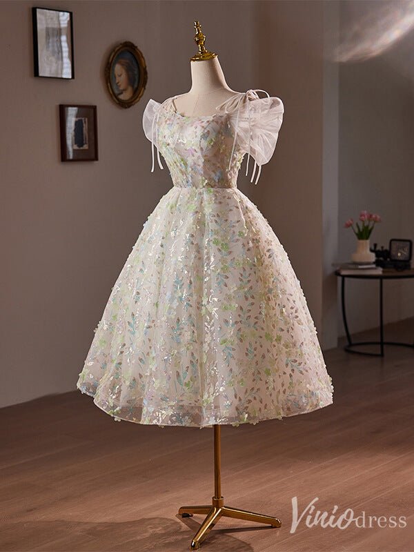 Champagne Sparkly Lace Homecoming Dress Puffed Sleeve Hoco 2024 Back to School Dress 8021-prom dresses 2025 -Viniodress-Champagne-Custom Size-