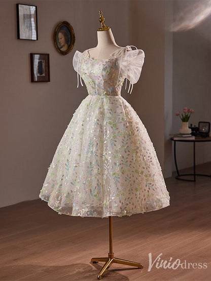 Champagne Sparkly Lace Homecoming Dress Puffed Sleeve Hoco 2024 Back to School Dress 8021-prom dresses 2025 -Viniodress-Champagne-Custom Size-