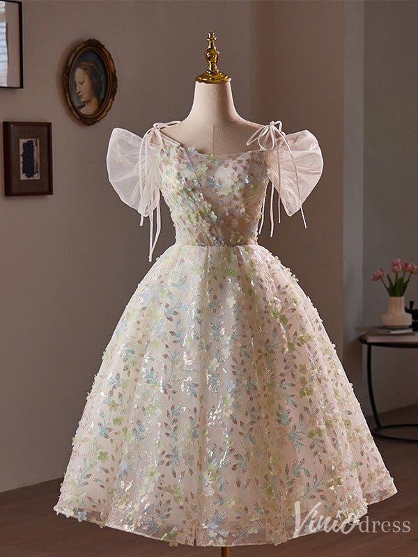 Champagne Sparkly Lace Homecoming Dress Puffed Sleeve Hoco 2024 Back to School Dress 8021-prom dresses 2025 -Viniodress-Champagne-Custom Size-