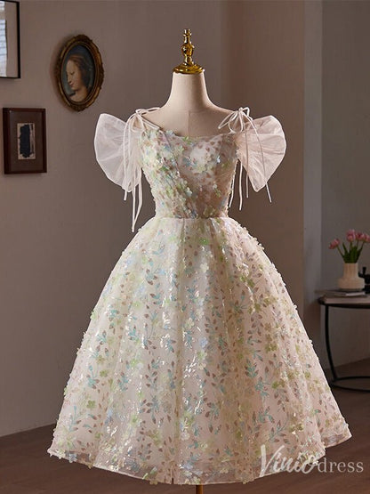 Champagne Sparkly Lace Homecoming Dress Puffed Sleeve Hoco 2024 Back to School Dress 8021-prom dresses 2025 -Viniodress-Champagne-Custom Size-