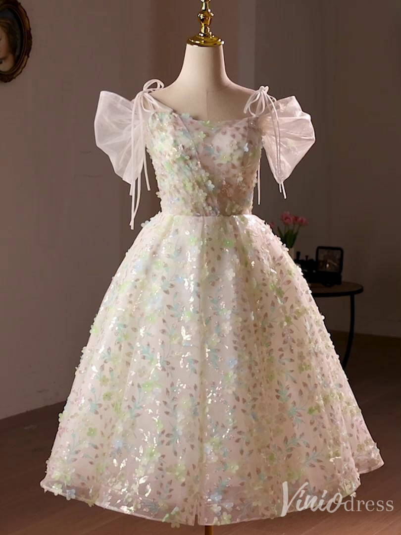 Champagne Sparkly Lace Homecoming Dress Puffed Sleeve Hoco 2024 Back to School Dress 8021-prom dresses 2025 -Viniodress-Champagne-Custom Size-