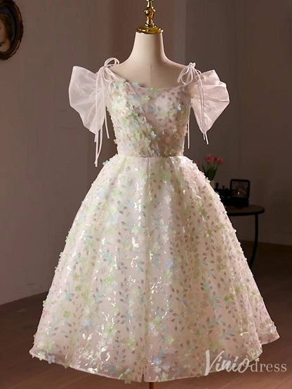 Champagne Sparkly Lace Homecoming Dress Puffed Sleeve Hoco 2024 Back to School Dress 8021-prom dresses 2025 -Viniodress-Champagne-Custom Size-