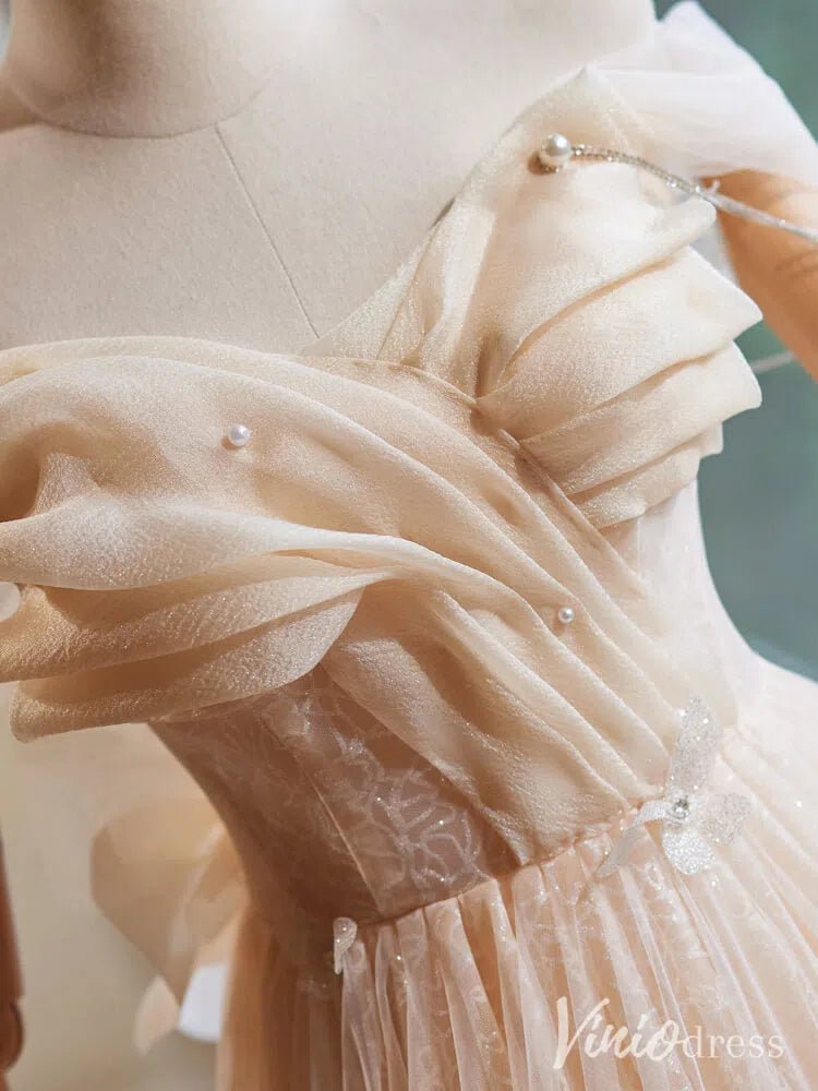 Champagne Sparkly Lace Prom Dresses Off the Shoulder Butterfly Formal Gown BJ057-prom dresses 2025 -Viniodress-Champagne-Custom Size-