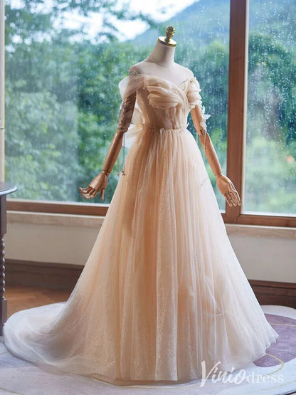 Champagne Sparkly Lace Prom Dresses Off the Shoulder Butterfly Formal Gown BJ057-prom dresses 2025 -Viniodress-Champagne-Custom Size-