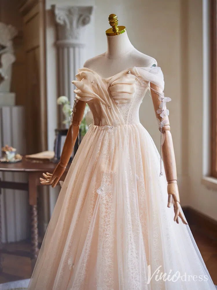 Champagne Sparkly Lace Prom Dresses Off the Shoulder Butterfly Formal Gown BJ057 - Viniodressprom dressesChampagneCustom Size - Formal Dresses - Ball Gowns