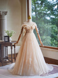 Champagne Sparkly Lace Prom Dresses Off the Shoulder Butterfly Formal Gown BJ057