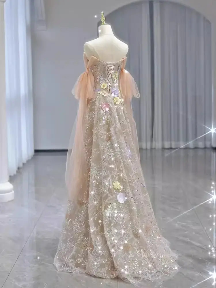 Champagne Sparkly Lace Prom Dresses with Extra Long Sleeve & 3D Flower - FD5110-prom dresses 2025 -Viniodress-Champagne-Custom Size-