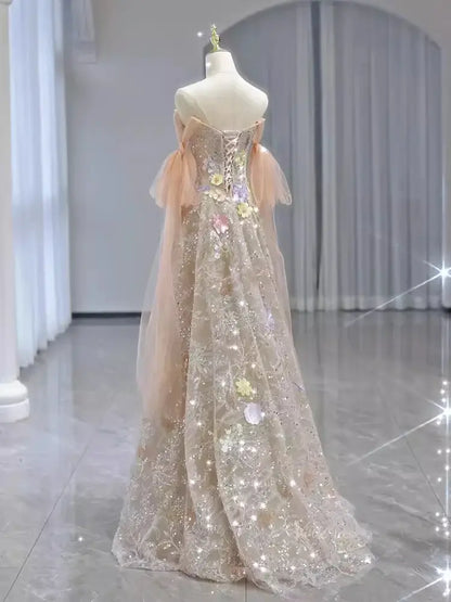 Champagne Sparkly Lace Prom Dresses with Extra Long Sleeve & 3D Flower - FD5110-prom dresses 2025 -Viniodress-Champagne-Custom Size-