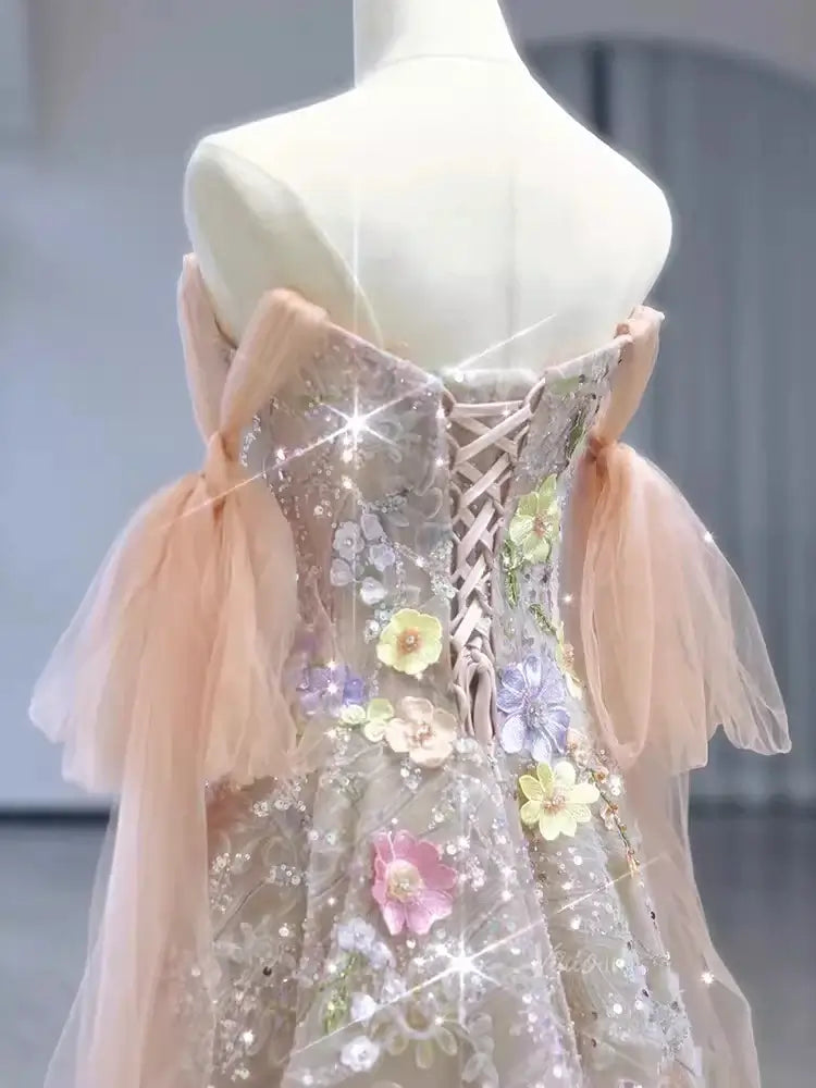 Champagne Sparkly Lace Prom Dresses with Extra Long Sleeve & 3D Flower - FD5110-prom dresses 2025 -Viniodress-Champagne-Custom Size-