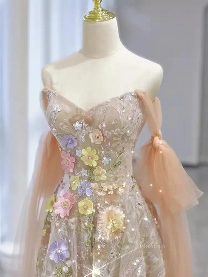 Champagne Sparkly Lace Prom Dresses with Extra Long Sleeve & 3D Flower - FD5110-prom dresses 2025 -Viniodress-Champagne-Custom Size-