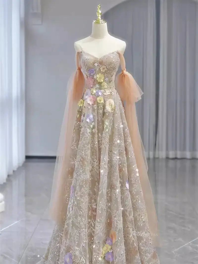 Champagne Sparkly Lace Prom Dresses with Extra Long Sleeve & 3D Flower Viniodress Champagne Sparkly Lace Prom Dresses with Extra Long Sleeve & 3D Flower Viniodress