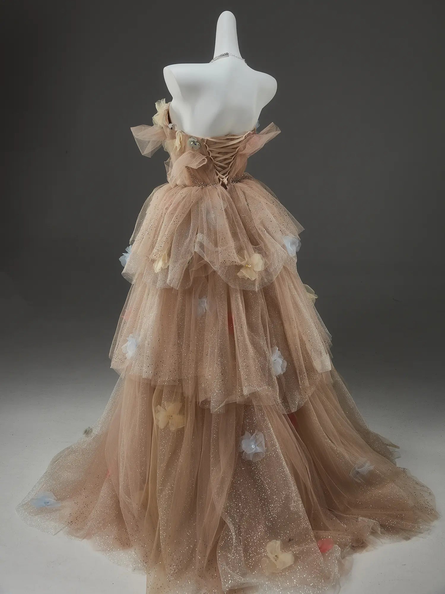 Champagne Sparkly Tulle Formal Gown with 3D Flowers, Rhinestone & Tiered Bottom - CQ0139-Couture Gown 2025 -Viniodress-Champagne-Custom Size-