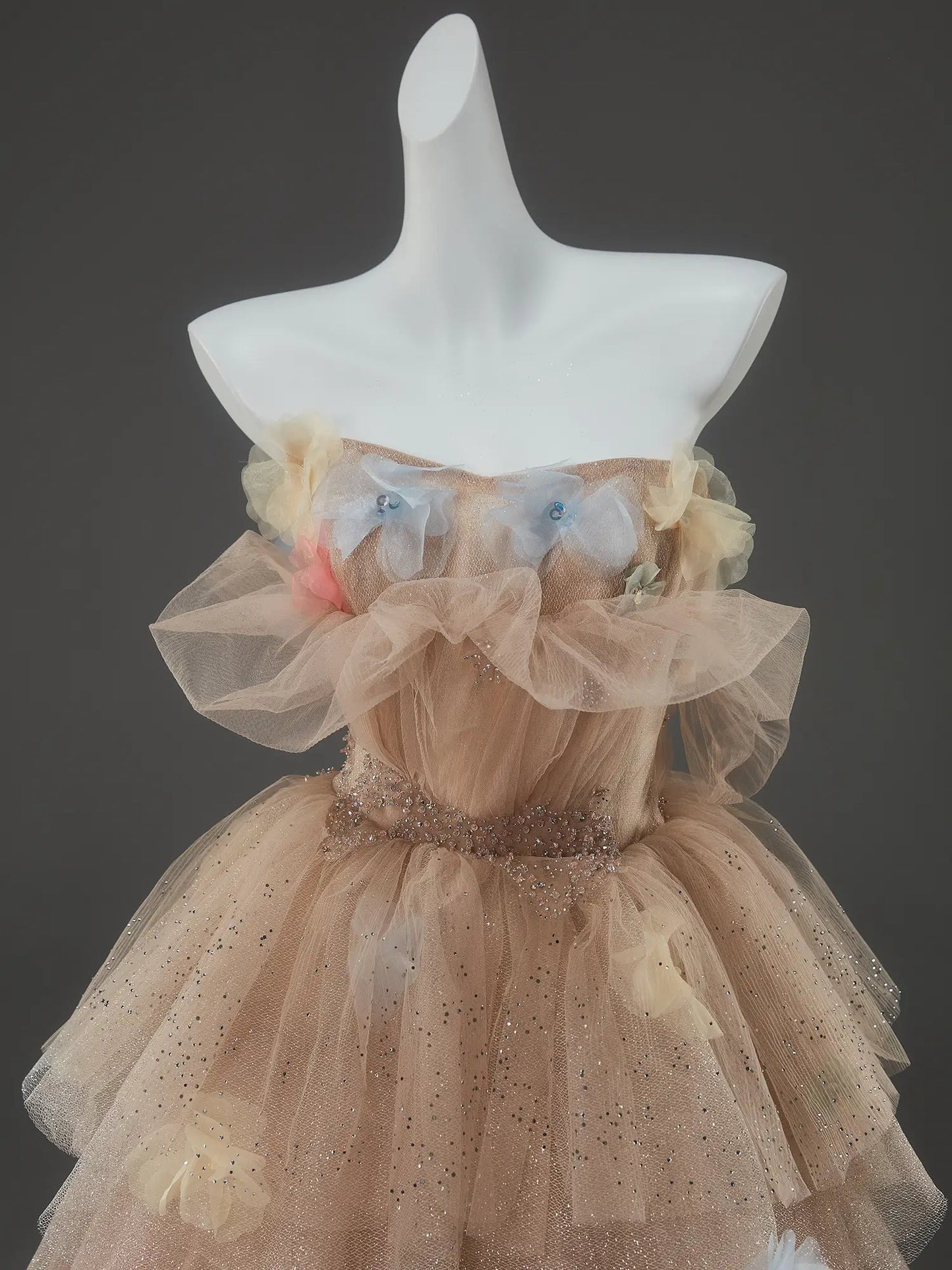 Champagne Sparkly Tulle Formal Gown with 3D Flowers, Rhinestone & Tiered Bottom - CQ0139-Couture Gown 2025 -Viniodress-Champagne-Custom Size-