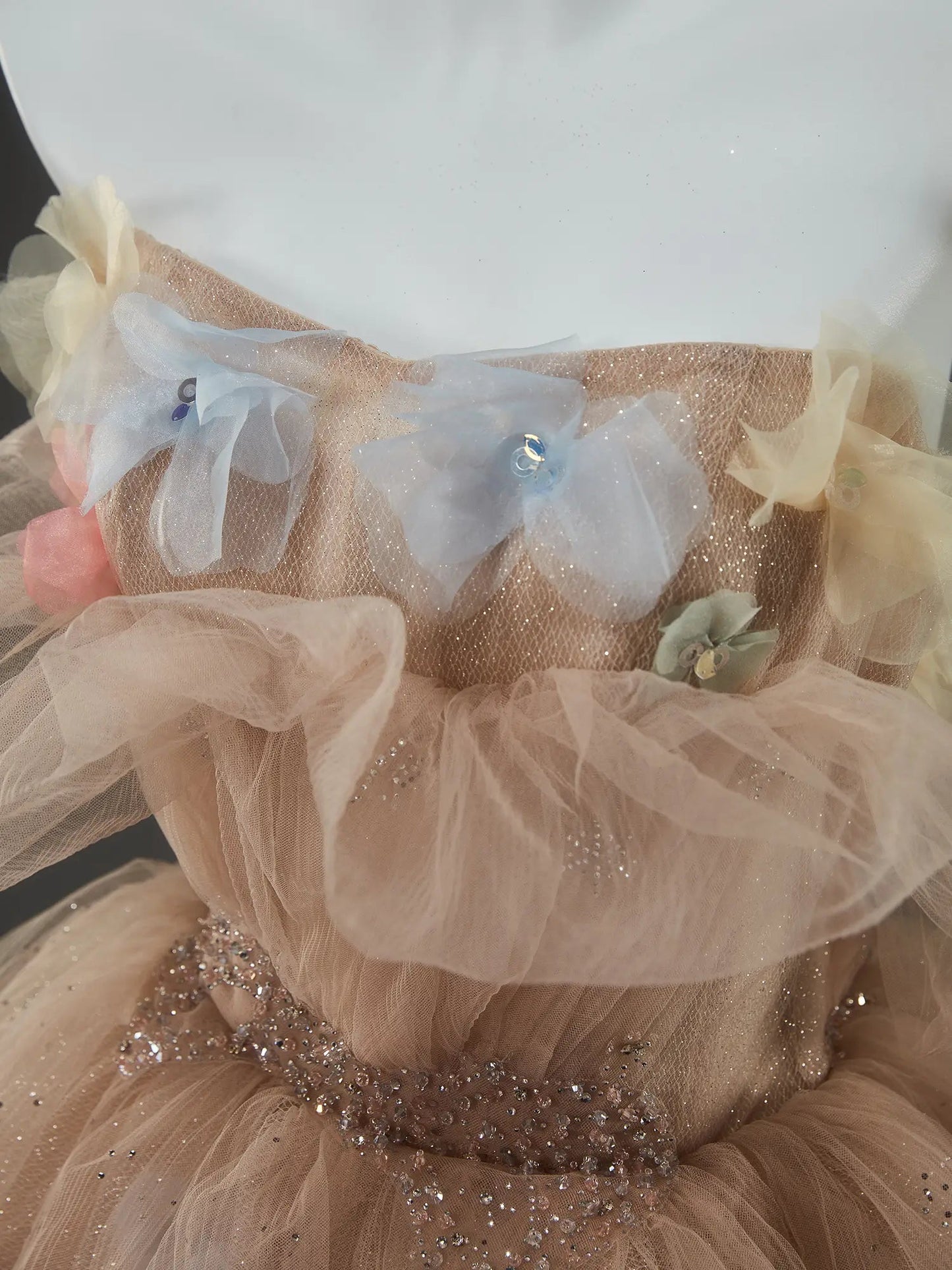 Champagne Sparkly Tulle Formal Gown with 3D Flowers, Rhinestone & Tiered Bottom - CQ0139-Couture Gown 2025 -Viniodress-Champagne-Custom Size-