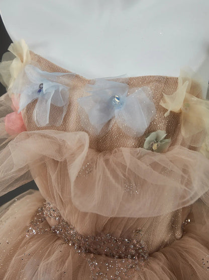 Champagne Sparkly Tulle Formal Gown with 3D Flowers, Rhinestone & Tiered Bottom - CQ0139-Couture Gown 2025 -Viniodress-Champagne-Custom Size-