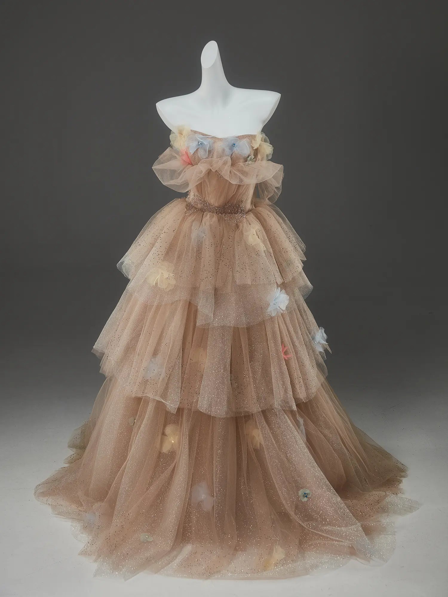 Champagne Sparkly Tulle Formal Gown with 3D Flowers, Rhinestone & Tiered Bottom - CQ0139-Couture Gown 2025 -Viniodress-Champagne-Custom Size-