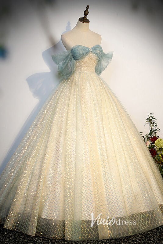 Champagne Sparkly Tulle Off the Shoulder Quinceanera Dress FD3539-prom dresses 2025 -Viniodress-Champagne-Custom Size-Ball Gown