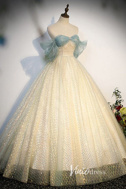 Champagne Sparkly Tulle Off the Shoulder Quinceanera Dress FD3539-prom dresses 2025 -Viniodress-Champagne-Custom Size-Ball Gown
