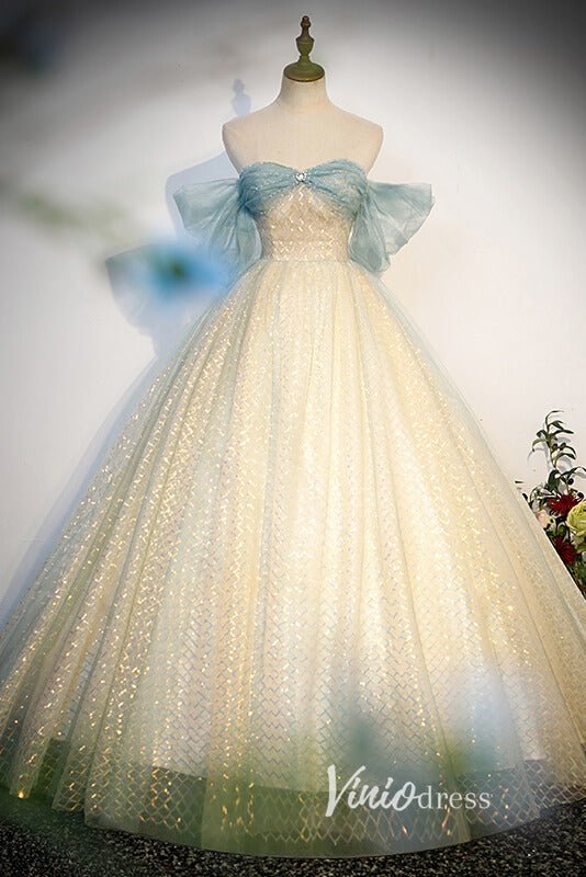 Champagne Sparkly Tulle Off the Shoulder Quinceanera Dress FD3539-prom dresses 2025 -Viniodress-Champagne-Custom Size-Ball Gown
