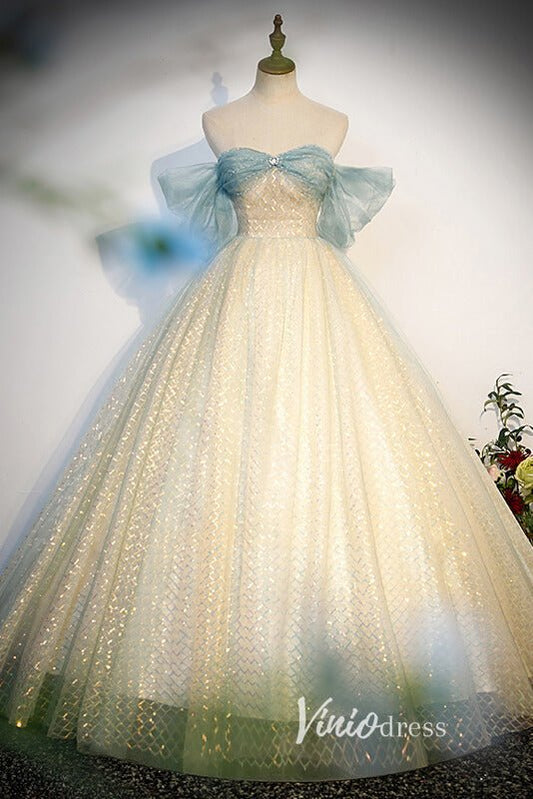 Champagne Sparkly Tulle Off the Shoulder Quinceanera Dress FD3539-prom dresses 2025 -Viniodress-Champagne-Custom Size-Ball Gown