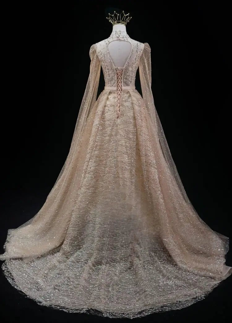 Champagne Sparkly Tulle Prom Dresses with Extra Long Sleeve, Beaded Lace, V-Neck, Quinceanera Dresses SU041-prom dresses 2025 -Viniodress-Champagne-Custom Size-