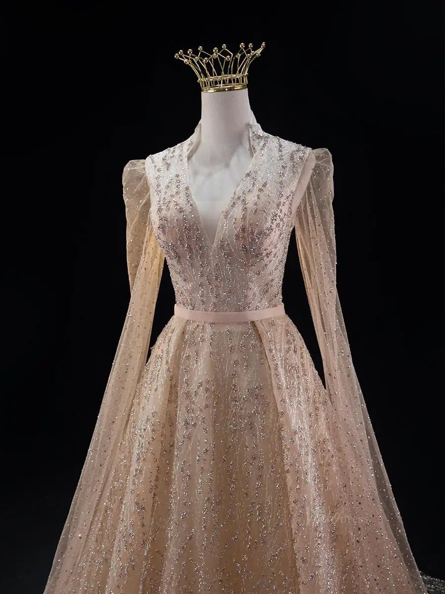 Champagne Sparkly Tulle Prom Dresses with Extra Long Sleeve, Beaded Lace, V-Neck, Quinceanera Dresses SU041-prom dresses 2025 -Viniodress-Champagne-Custom Size-