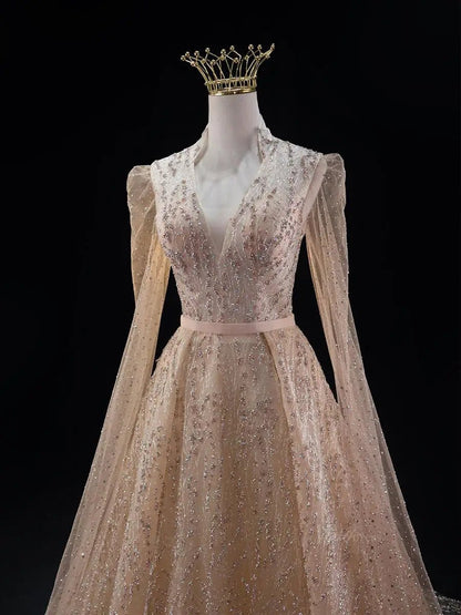 Champagne Sparkly Tulle Prom Dresses with Extra Long Sleeve, Beaded Lace, V-Neck, Quinceanera Dresses SU041-prom dresses 2025 -Viniodress-Champagne-Custom Size-