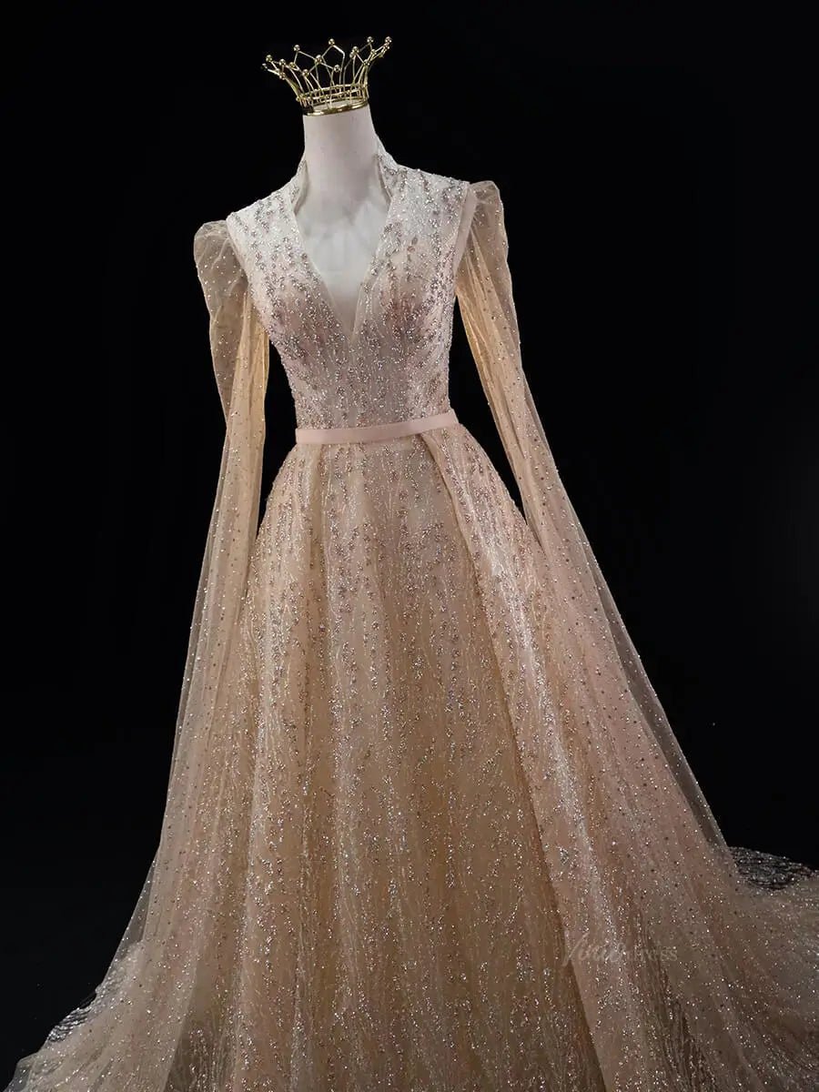 Champagne Sparkly Tulle Prom Dresses with Extra Long Sleeve, Beaded Lace, V-Neck, Quinceanera Dresses SU041-prom dresses 2025 -Viniodress-Champagne-Custom Size-