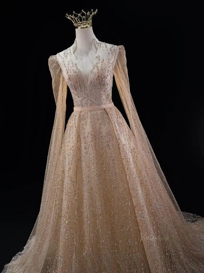 Champagne Sparkly Tulle Prom Dresses with Extra Long Sleeve, Beaded Lace, V-Neck, Quinceanera Dresses SU041-prom dresses 2025 -Viniodress-Champagne-Custom Size-