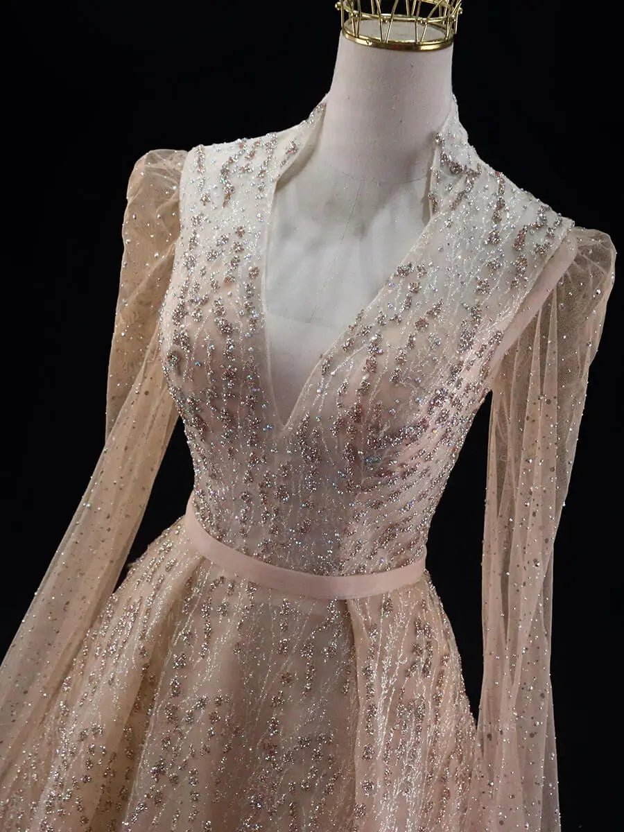 Champagne Sparkly Tulle Prom Dresses with Extra Long Sleeve, Beaded Lace, V-Neck, Quinceanera Dresses SU041-prom dresses 2025 -Viniodress-Champagne-Custom Size-