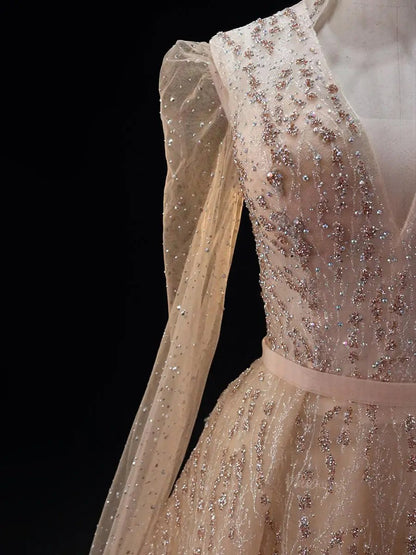 Champagne Sparkly Tulle Prom Dresses with Extra Long Sleeve, Beaded Lace, V-Neck, Quinceanera Dresses SU041-prom dresses 2025 -Viniodress-Champagne-Custom Size-