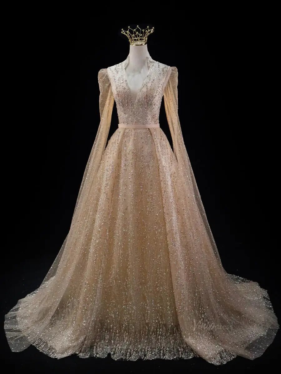 Champagne Sparkly Tulle Prom Dresses with Extra Long Sleeve, Beaded Lace, V-Neck, Quinceanera Dresses SU041-prom dresses 2025 -Viniodress-Champagne-Custom Size-