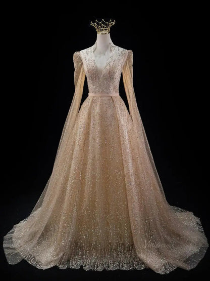 Champagne Sparkly Tulle Prom Dresses with Extra Long Sleeve, Beaded Lace, V-Neck, Quinceanera Dresses SU041-prom dresses 2025 -Viniodress-Champagne-Custom Size-