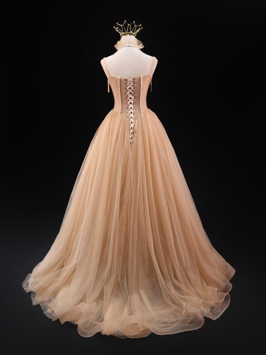 Champagne Sparkly Tulle Prom Dresses with Spaghetti Strap, Beaded Boned Bodice, Formal Dresses SU033-prom dresses 2025 -Viniodress-Champagne-Custom Size-