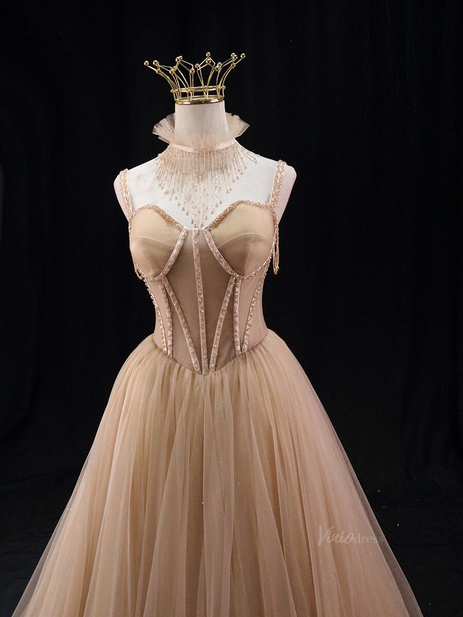 Champagne Sparkly Tulle Prom Dresses with Spaghetti Strap, Beaded Boned Bodice, Formal Dresses SU033-prom dresses 2025 -Viniodress-Champagne-Custom Size-