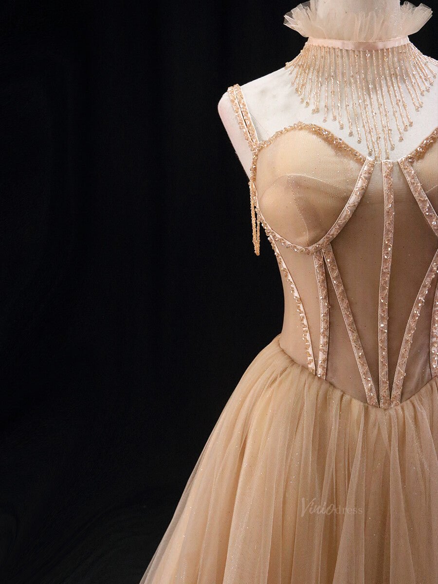 Champagne Sparkly Tulle Prom Dresses with Spaghetti Strap, Beaded Boned Bodice, Formal Dresses SU033-prom dresses 2025 -Viniodress-Champagne-Custom Size-