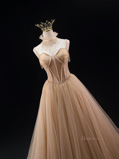 Champagne Sparkly Tulle Prom Dresses with Spaghetti Strap, Beaded Boned Bodice, Formal Dresses SU033-prom dresses 2025 -Viniodress-Champagne-Custom Size-