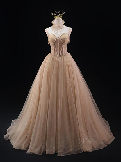 Champagne Sparkly Tulle Prom Dresses with Spaghetti Strap, Beaded Boned Bodice, Formal Dresses SU033-prom dresses 2025 -Viniodress-Champagne-Custom Size-