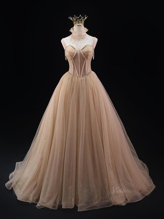 Champagne Sparkly Tulle Prom Dresses with Spaghetti Strap, Beaded Boned Bodice, Formal Dresses SU033-prom dresses 2025 -Viniodress-Champagne-Custom Size-
