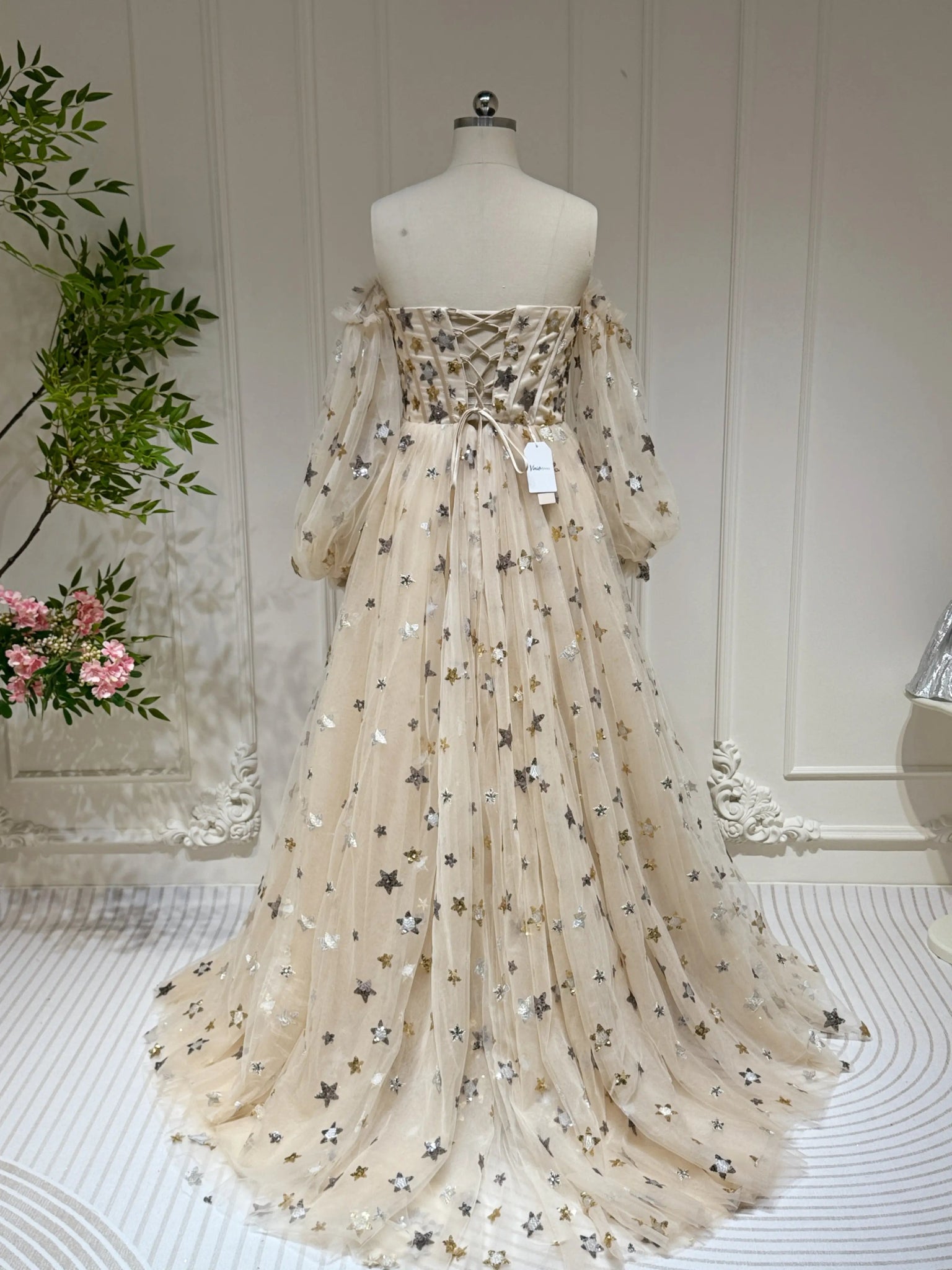 Champagne Starry Tulle Prom Dresses 2025 Strapless Removable Sleeve Formal Gown with Slit - FD5163-prom dresses 2025 -Viniodress-Champagne-Custom Size-