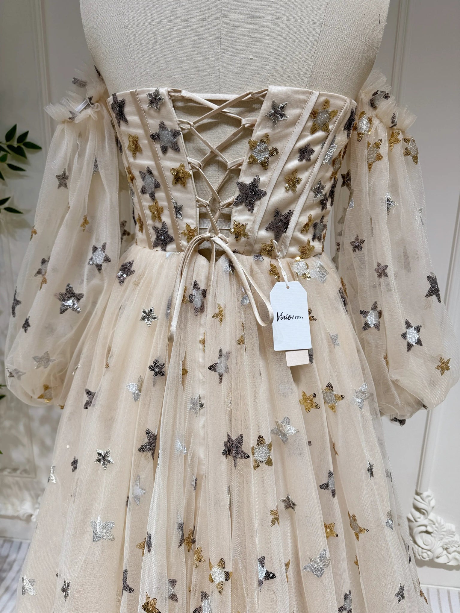 Champagne Starry Tulle Prom Dresses 2025 Strapless Removable Sleeve Formal Gown with Slit - FD5163-prom dresses 2025 -Viniodress-Champagne-Custom Size-