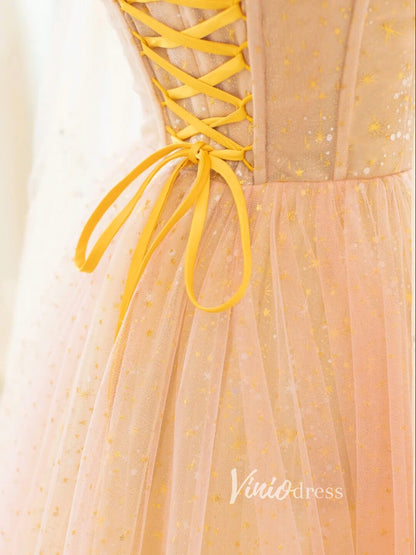 Champagne Starry Tulle Prom Dresses Off the Shoulder Evening Gown FD3425-prom dresses 2025 -Viniodress-Champagne-Custom Size-