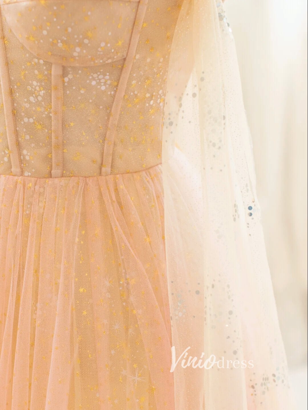 Champagne Starry Tulle Prom Dresses Off the Shoulder Evening Gown FD3425-prom dresses 2025 -Viniodress-Champagne-Custom Size-