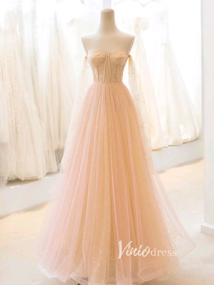 Champagne Starry Tulle Prom Dresses Off the Shoulder Evening Gown FD3425-prom dresses 2025 -Viniodress-Champagne-Custom Size-