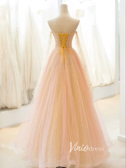 Champagne Starry Tulle Prom Dresses Off the Shoulder Evening Gown FD3425-prom dresses 2025 -Viniodress-Champagne-Custom Size-